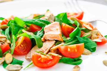 Salad with arugula, salmon and cherry tomato