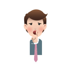 Businessman making silence gesture over white background.