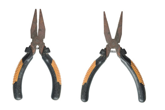 Old twin pliers yellow tool isolated on a white background.