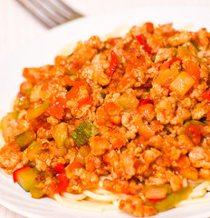spaghetti with minced meat and vegetables