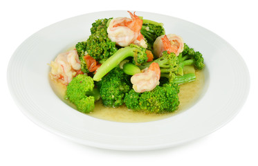 Thai healthy food stir-fried broccoli, carrot and shrimp