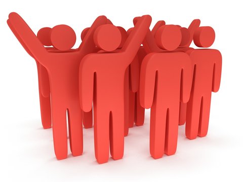 Group of stylized red people stand on white