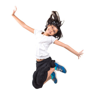 Young Malay Asian Girl Jumping Over White Background