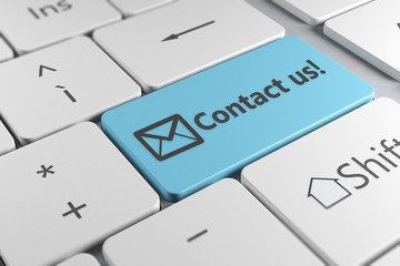 Stylish keyboard close up view with blue button contact us