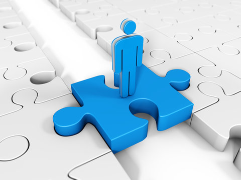 A piece of blue puzzle with over a man with a bridge joining two