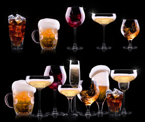 set with different drinks on black background