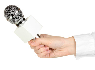 Female hand with microphone isolated on white