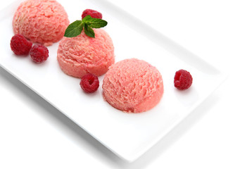 Delicious ice cream on plate isolated on white