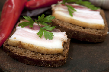 Tasty sandwich with salted lard (salo)