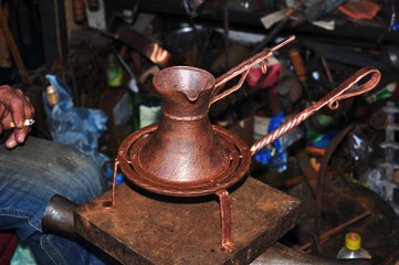 Copper coffee pot, cup, holder, hand forging