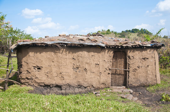 mud hut in the masai village in kenya - national park masai mara
