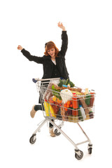 Woman happy with Shopping cart full dairy grocery