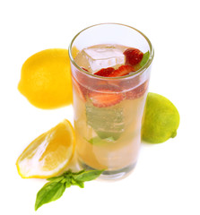 Basil lemonade with strawberry in glass, isolated on white