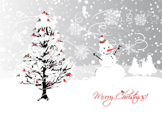 Christmas card design with winter tree and bullfinches