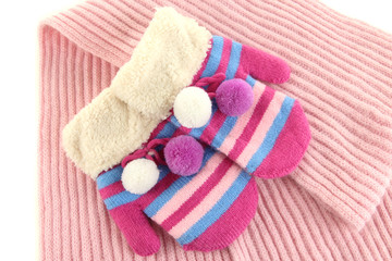 Striped mittens with scarf close up