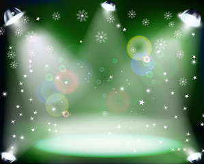Christmas Concert with spotlights and sowflakes on green