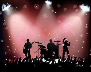 People dancing in rock concert Christmas party on red background