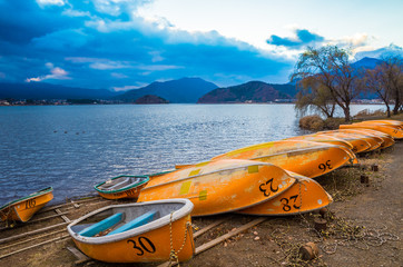 Boats at Kawaguchiko lake Japan