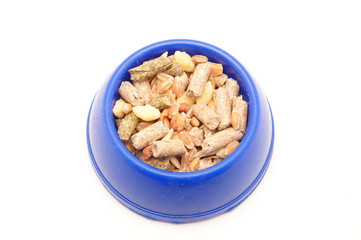 blue bowl of food on white background