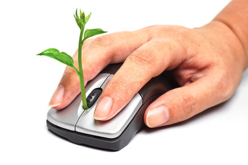 hand using a mouse with a tree growing on it