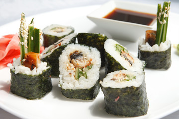 sushi with soy sauce