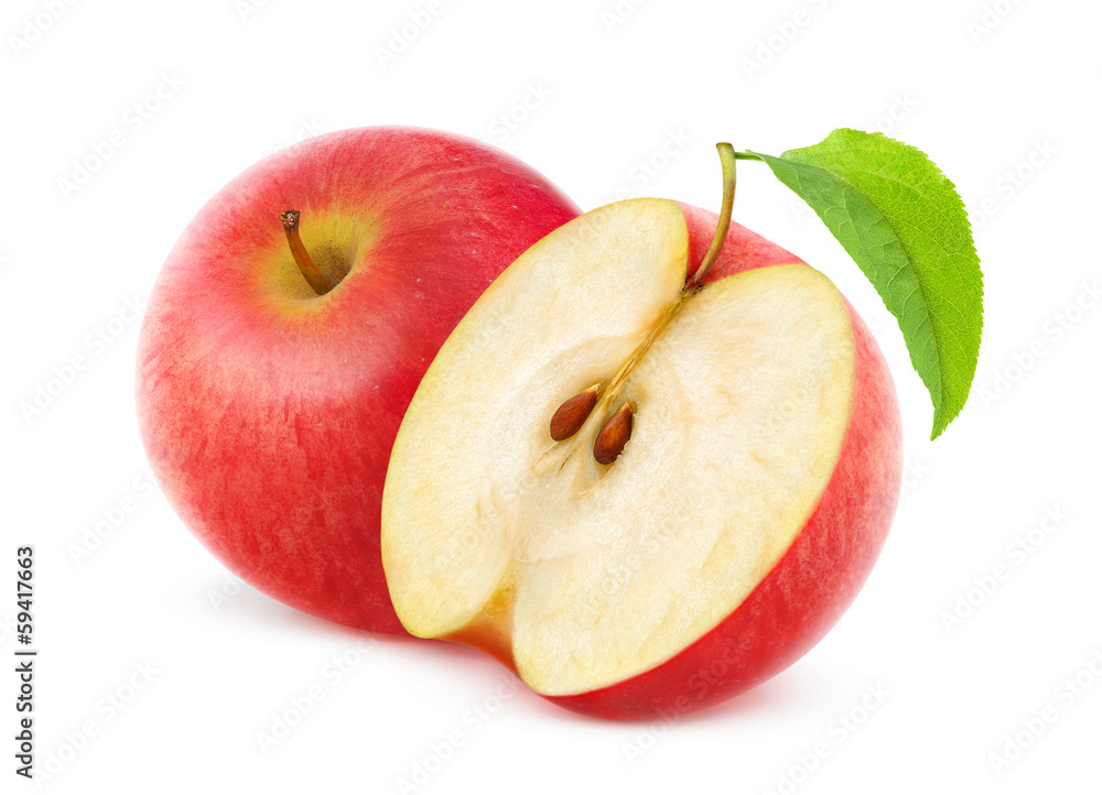 Poster isolated apples. one and a half red apple fruits isolated on white background