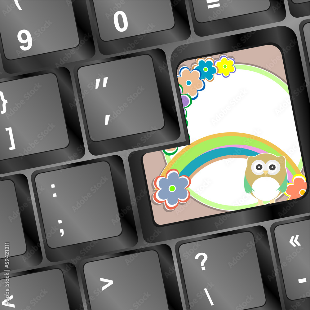 Poster owl on computer keyboard key with flowers
