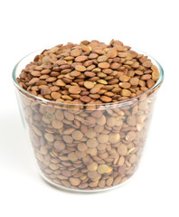 brown lentils in a glass bowl