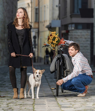 Young Woman And Her Dog Surprized By Her Date