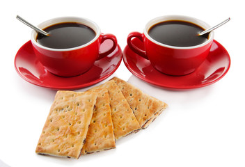 Red cups of strong coffee and cookies isolated on white