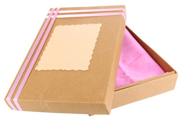 Present box tied with ribbon, isolated on white