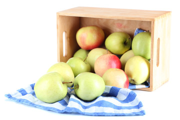 Juicy apples on napkin in box isolated on white