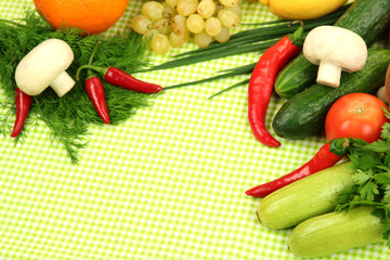 Cooking concept. Groceries on tablecloth background