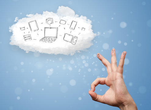 Happy smiley fingers looking at cloud computing with technology