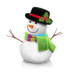 Snowman in black hat isolated on white background.