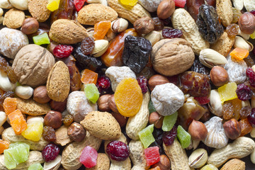 Nuts and dried fruits background texture