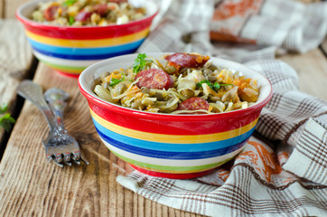 Cabbage stew with lentils and sausages