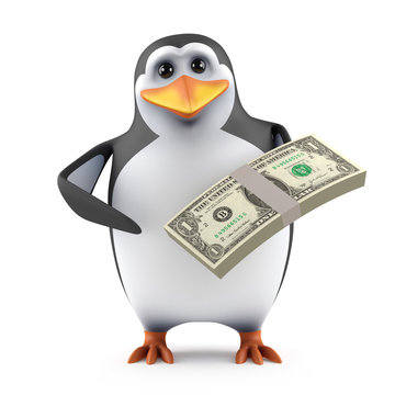 Cute penguin has a load of US Dollars to spend