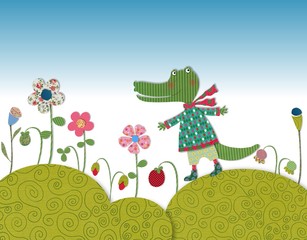 Little crocodile walking on flowering meadow