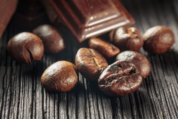 close up of chocolate and coffee beans, shallow dof