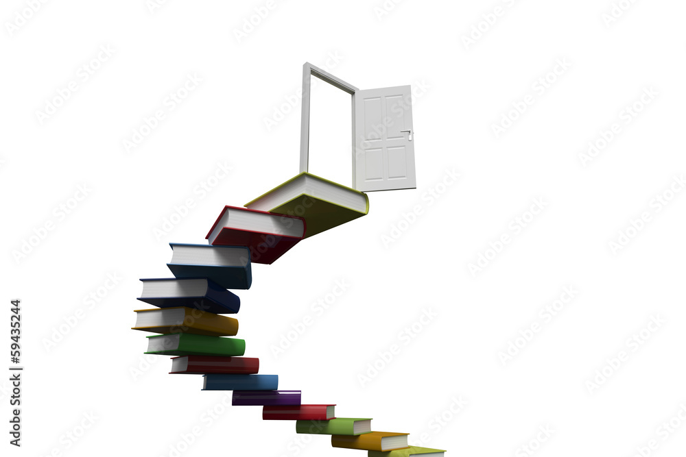 Poster steps made out of books with open door