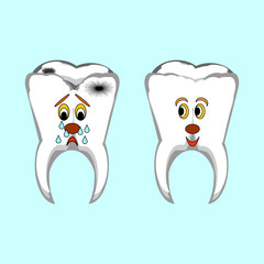 Happy healthy and sad sick teeth. Funny cartoon illustration