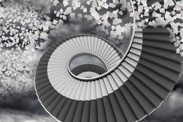 Winding staircase in the sky with flying papers