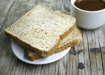plate with a cup of coffee and bread