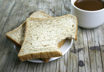 plate with a cup of coffee and bread