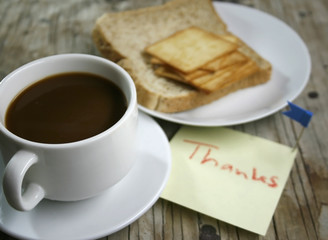 plate with a cup of coffee and bread