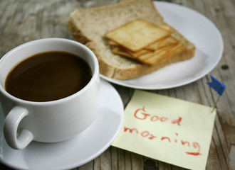 plate with a cup of coffee and bread
