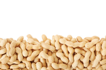 Peanuts in shell border on white, clipping path included