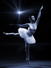 Ballet dancer in white tutu posing on one leg