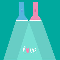 Pink and blue flashlights with rays of light. Flat design. Love